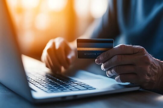 A person using a laptop to make an online purchase, holding a credit card. The scene captures the essence of modern digital transactions and the convenience of online shopping.
