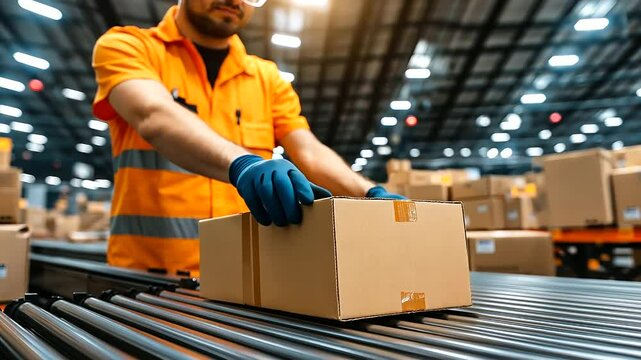 A close-up of a worker&rsquo;s hands placing a sealed cardboard box onto a conveyor belt, with rows of packages moving toward shipment areas in the background.