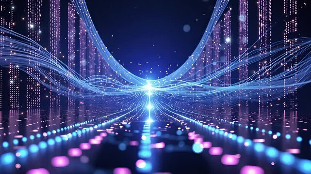 Futuristic Digital Data Stream Flowing Through a High-Tech Cyber Network With Glowing Particles and Quantum Connections

