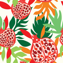 pomegranate with leaves and white icing seamless pattern. Pomegranate with lot of white polka dots and green leaves with red colored seed fruit themed seamless pattern. 