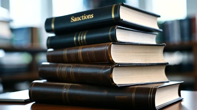 An embossed leather book titled Sanctions is stacked on top of law volumes and financial records, symbolizing the weight of legal and economic restrictions.