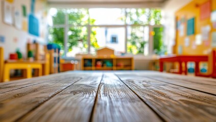 Wooden Table in Bright Classroom Shows Early Childhood Education, Learning Environment, Childcare Center, Preschool Furniture