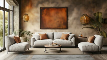 Beige Sofa Brown Artwork, Tropical Plants, and Cozy Decor for Modern Living Room