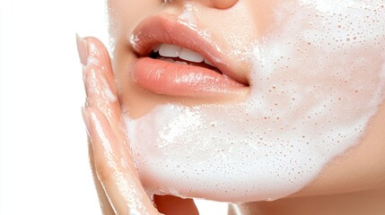 Fototapeta premium A person washing their face with foamy cleansing product