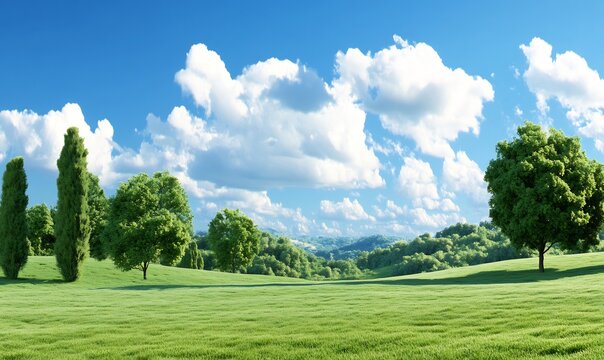 Sunny meadow, rolling hills, green landscape, idyllic summer day, nature background