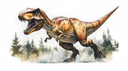 Fototapeta premium A fearsome Tyrannosaurus Rex dinosaur illustration strides through a misty prehistoric forest scene showing detailed scales and textures.