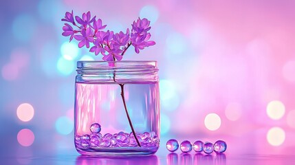 Fototapeta premium A glass jar filled with water holding purple flowers