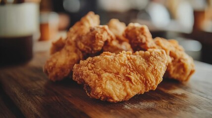 Crispy Fried Chicken Wings On Wooden Board