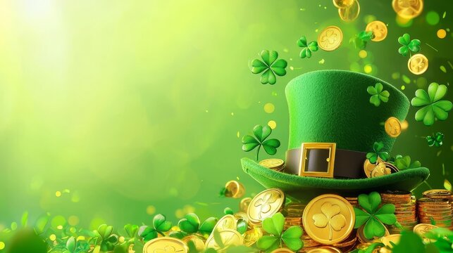 Festive St. Patrick's Day design featuring a leprechaun hat surrounded by golden coins and bright green shamrocks, gradient green backdrop