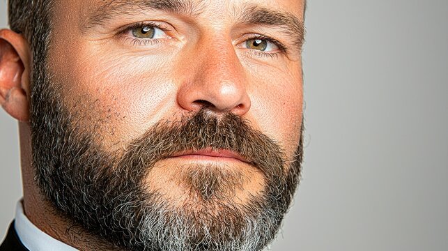 A close up portrait showing a man with a thick beard
