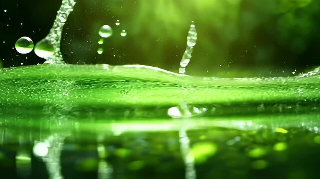 A close-up of algae cells in a circular pond, glowing under the sunlight, as the surrounding greenery contributes to a balanced, eco-friendly ecosystem for biofuel.