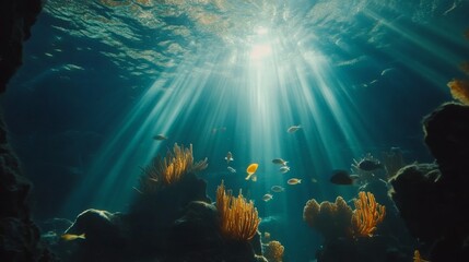 Obraz premium Underwater view of the ocean with plastic waste and garbage in the water, an environmental pollution concept.