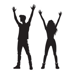 vector silhouette of young man standing saying hello, raising his hands, and jumping happily