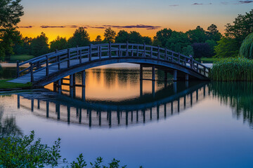 Obraz premium Colorful sunset reflects on a wooden bridge over still water in a tranquil park setting