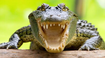 Obraz premium An alligator is looking menacingly directly at the camera with open jaws