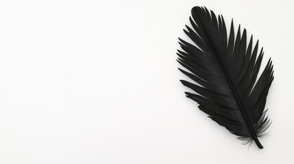 Obraz premium Elegant Black Feather on White Background: A Study in Simplicity and Contrast