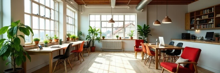 Fototapeta premium Bright airy loft coworking area, natural light, comfortable, plants