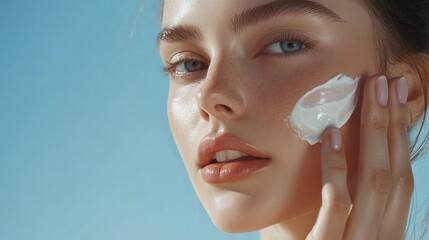 A woman applying moisturizing cream on her beautiful face