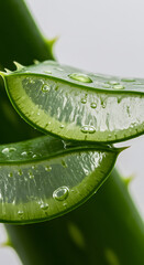 A scientifically detailed, botanical close-up of an Aloe vera leaf, split open to expose its nutrient-rich gel. Tiny bubbles are visible within the gel, 9:16