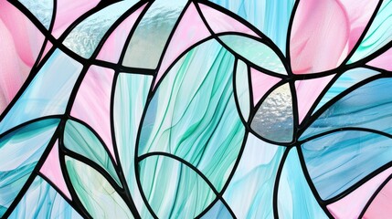 Delicate pastel stained glass pattern background with pink, blue and mint green tones for romantic window design