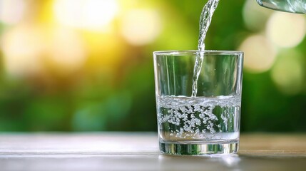 Clear pure water being poured into a transparent drinking glass