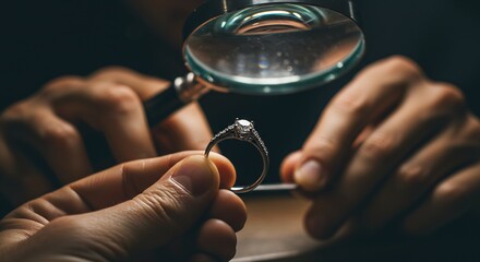 Close-up of a Jeweler's Hands Carefully Inspecting a Diamond Engagement Ring with a Magnifying Glass in a Dark Workshop Setting