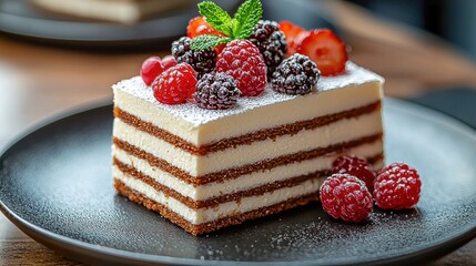 Raspberries and Strawberries Dessert on a Chocolate Cake with Creamy Frosting and Fresh Berries