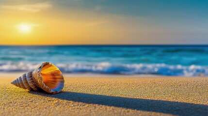Sunset Ocean Beach Shells and Sand at the Horizon