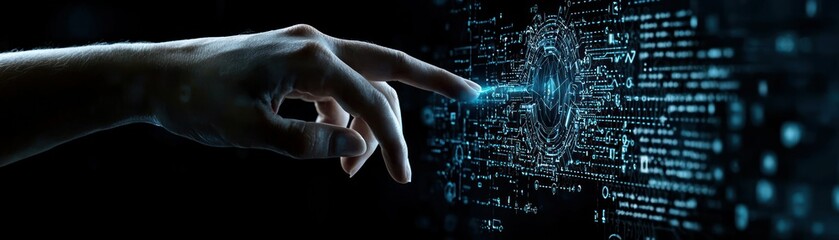 A finger touches a digital interface with a network design
