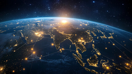 Obraz premium Global network connections asia night lights Webbed Expansion. Illustration