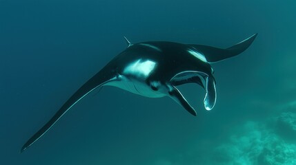 Obraz premium A large manta ray swims gracefully through deep ocean water
