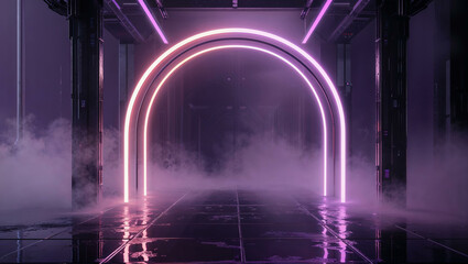 Fototapeta premium A futuristic cyberpunk scene with a glowing neon arch frame, emitting a gradient of soft lavender and rose gold light. The frame is suspended in a dark, atmospheric environment filled with fog and mis