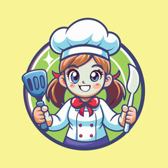 Vector Illustration of a Smiling and Energetic Girl Chef Character with a Toque and Cooking Uniform