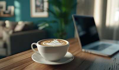 Latte art coffee, laptop, home office, morning sun, work from home