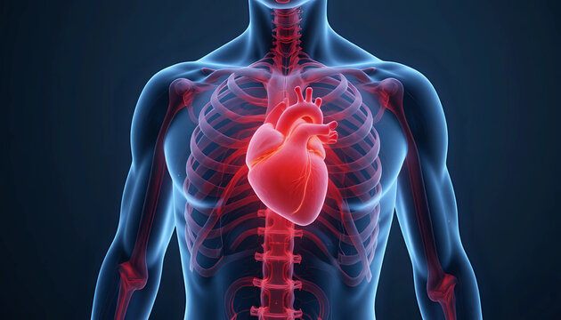 Human heart highlighted in red within transparent body - cardiovascular health