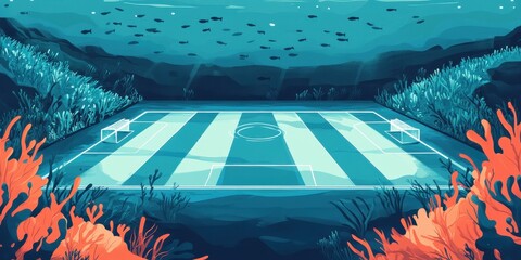 An underwater soccer field featuring fish sea life and coral reefs