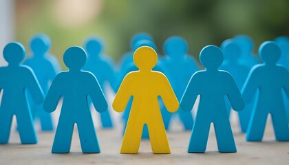 Yellow figure standing out from blue crowd - individuality and leadership