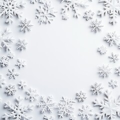White background with decorative snowflakes placed around the frame, copy space in the center