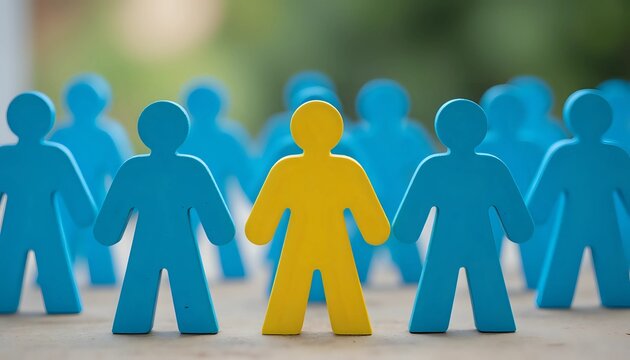 Yellow figure standing out from blue crowd - individuality and leadership