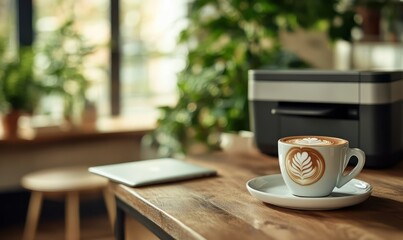 Fototapeta premium Latte art, printer, cafe, table, plants, window, work, coffee shop