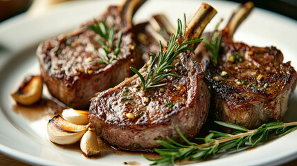 Grilled lamb chops with a seared crust are garnished with fresh rosemary and coarse salt, served alongside roasted garlic cloves on a white plate