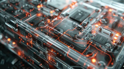 Close-up of a data backup device featuring a transparent casing showcasing intricate circuits and glowing red data streams.