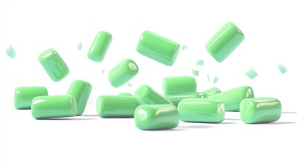 Abstract Green Cylinders Falling on White Background