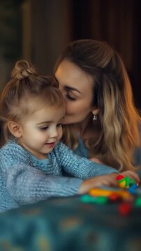 A blonde mother working on her laptop at home in a home office setting, with her daughter playing with toys beside her, beautifully captures the balance of motherhood and childhood