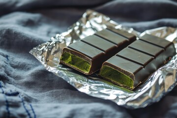 Mint chocolate bar, foil wrapper, fabric, dessert, close-up