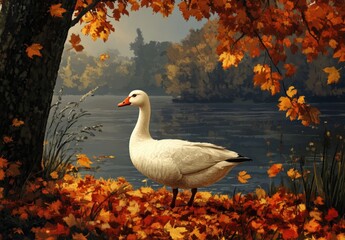 Obraz premium White goose in autumn leaves by water