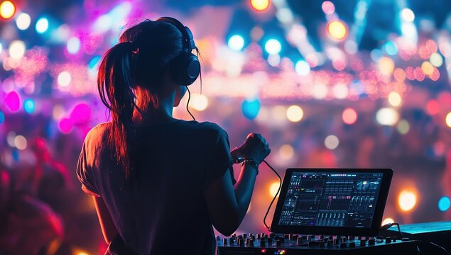 DJ mixes music at vibrant concert, delivering electrifying beats passionately to enthusiastic crowd.