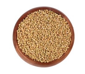 bowl with green buckwheat on white background