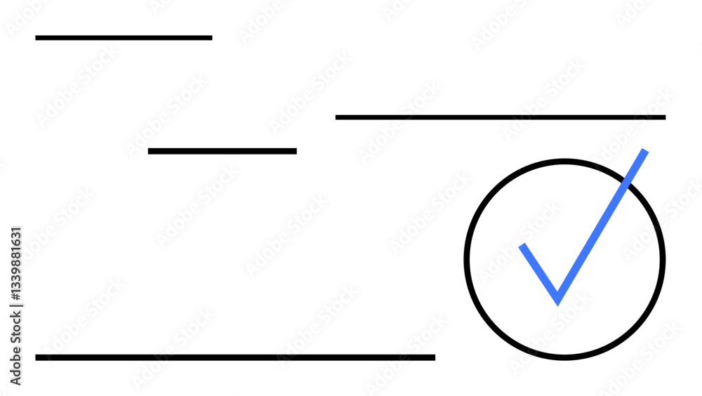 Poster blue checkmark enclosed in a black circle surrounded by horizontal black lines. ideal for validation