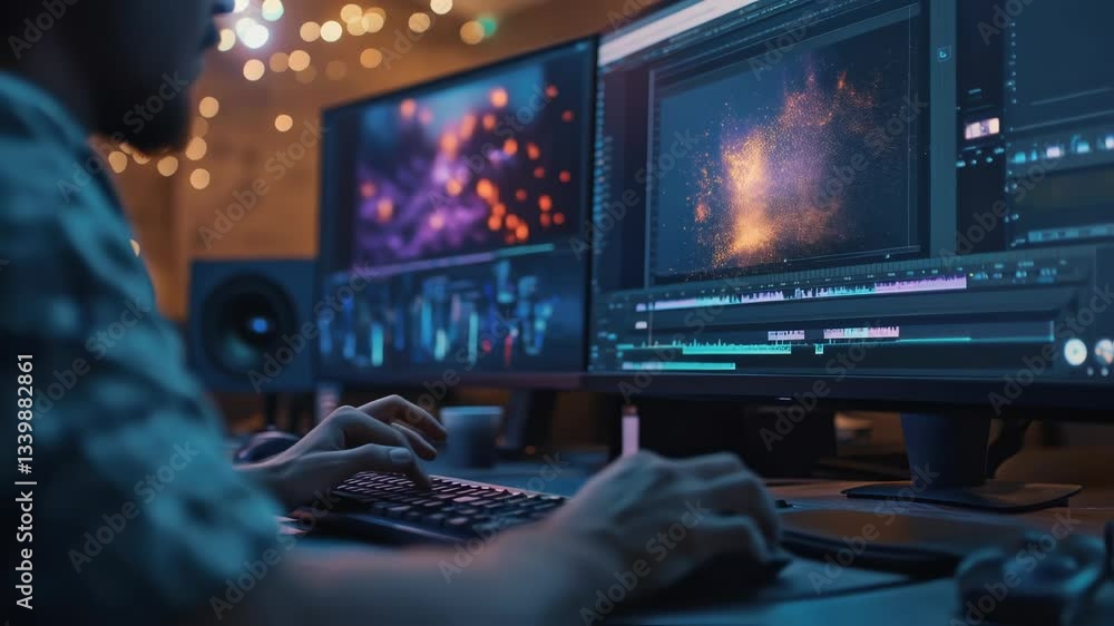 Poster professional video editor focusing on multimedia project, manipulating visual effects on computer sc